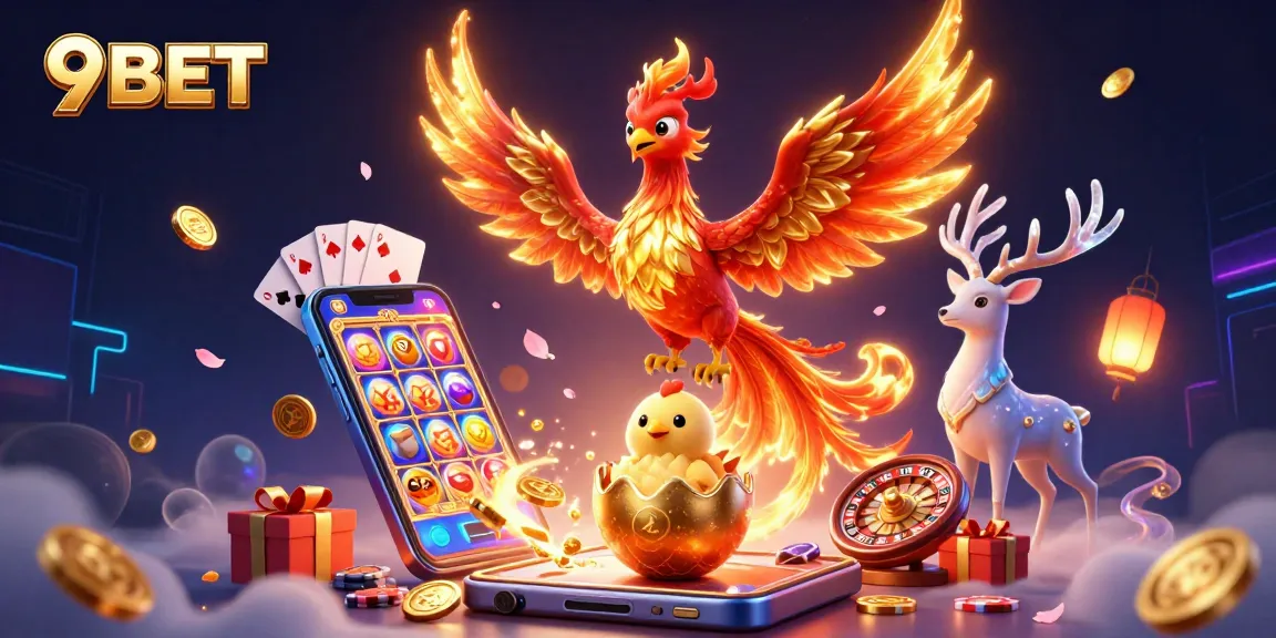 Join 9BET for thrilling gaming adventures with a fire phoenix and baby chick in a dynamic casino scene.