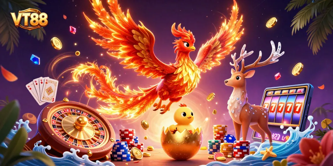 Spin to win with VT88 as the fire phoenix and baby hatch in a casino masterpiece.