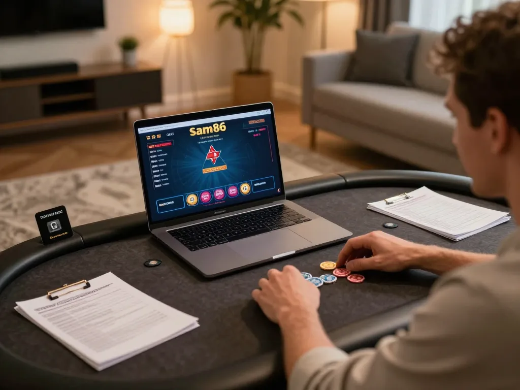 Player engaging with sam86 poker game on laptop, showcasing online casino excitement and strategic betting