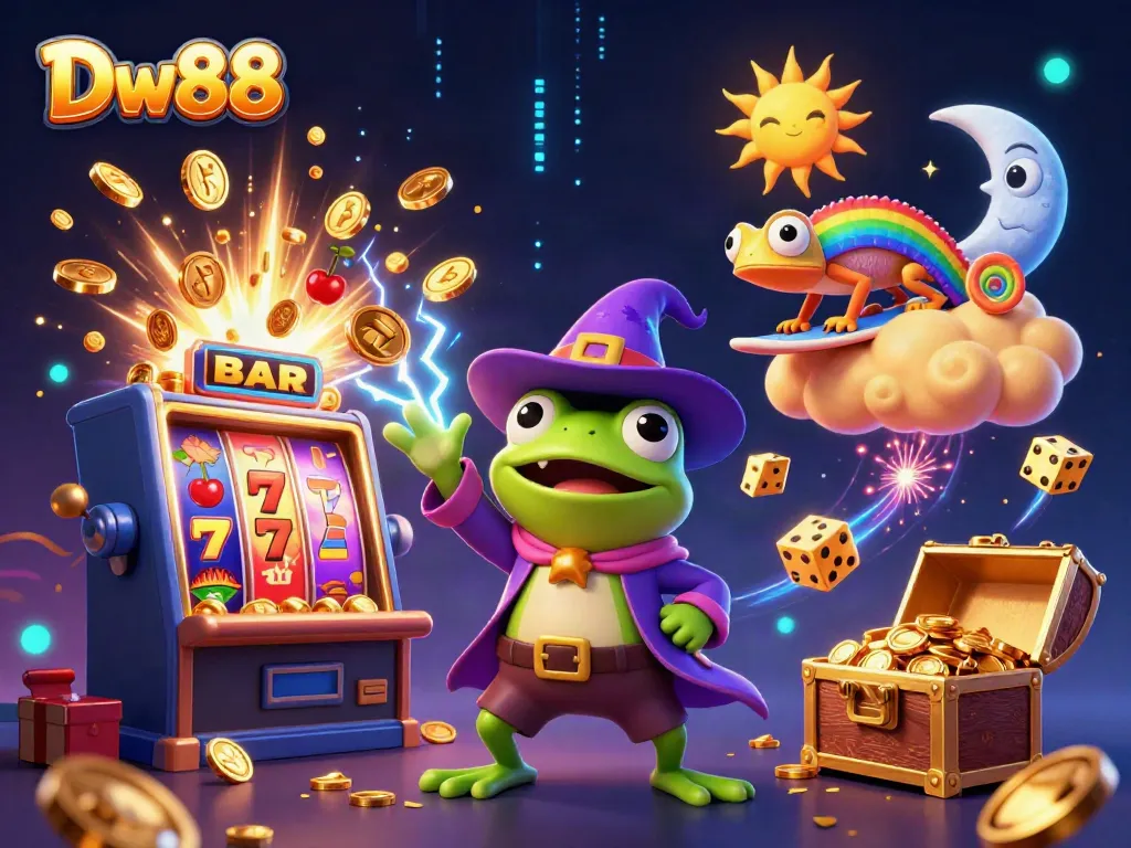 Spin to win at Dw88 with an enchanting illustration of a wizard frog amidst a jackpot explosion and casino games.