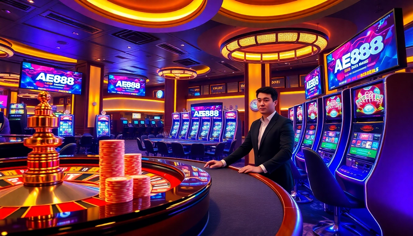 Experience the excitement of gambling with AE888 featuring vibrant casino tables and poker chips.