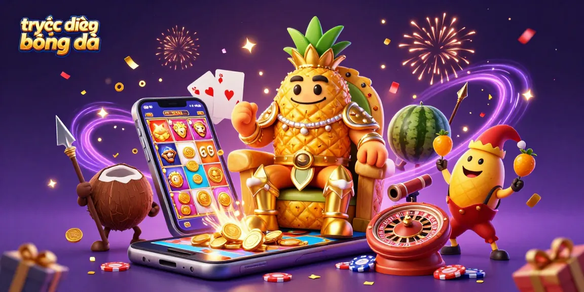 Experience high-quality trực tiếp bóng đá with engaging visuals of the golden pineapple king and casino elements.