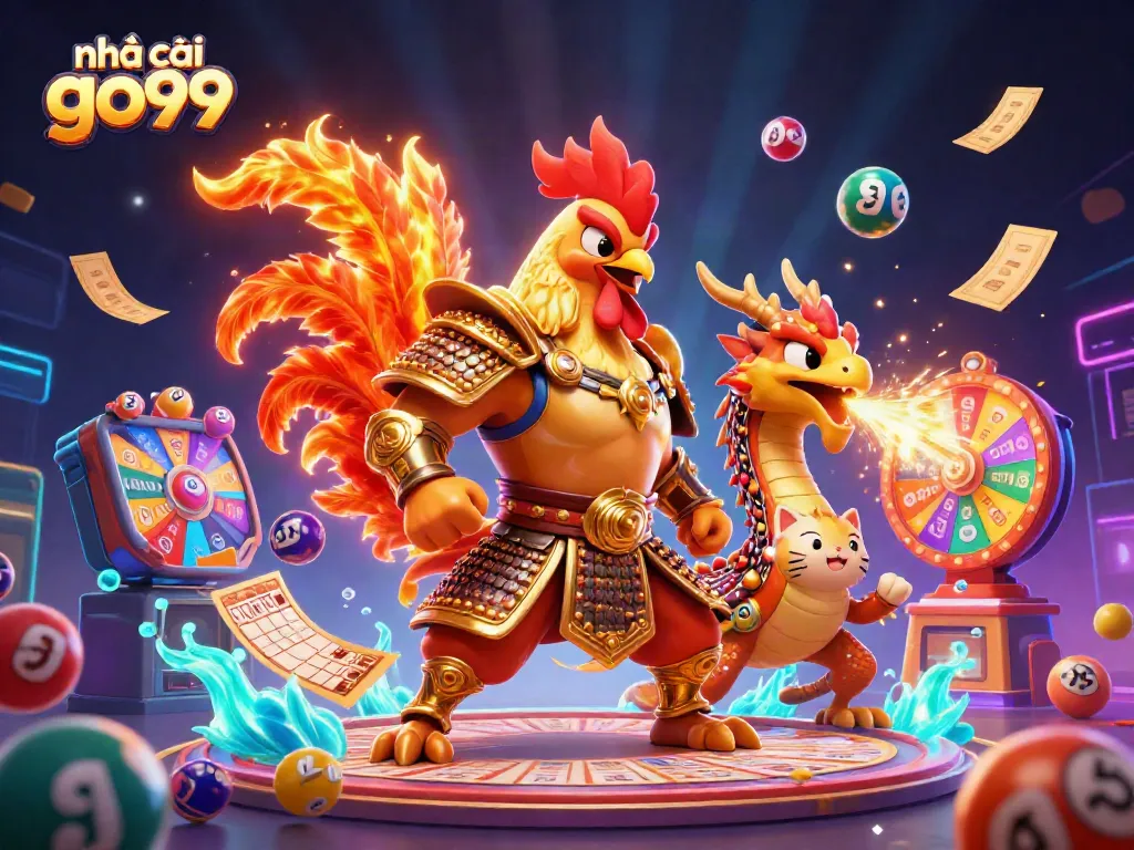 Experience thrilling action with the nhà cái go99 3D fighting rooster and dragon in a vibrant casino scene.