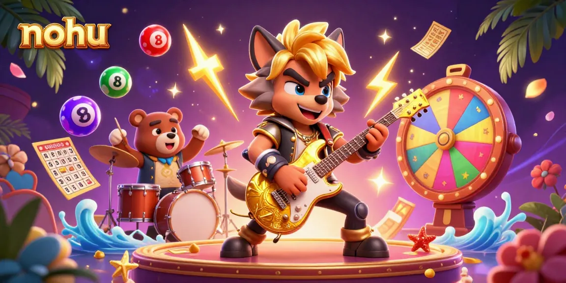 Nohu creates a vibrant casino atmosphere with a rock star wolf and drummer bear in a dynamic scene.