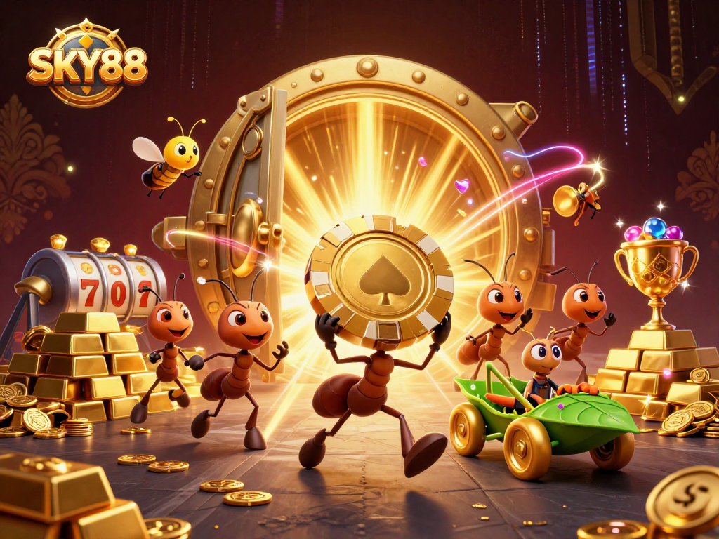 SKY88 shows ants stealing a golden poker chip amidst vibrant casino elements.