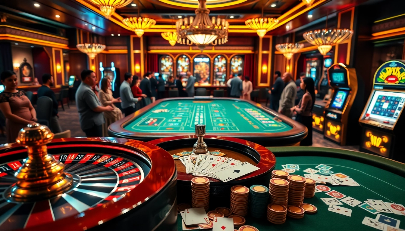 Engaging scene of a luxury casino highlighting Nhà cái uy tín, showcasing roulette, cards, and excited players.
