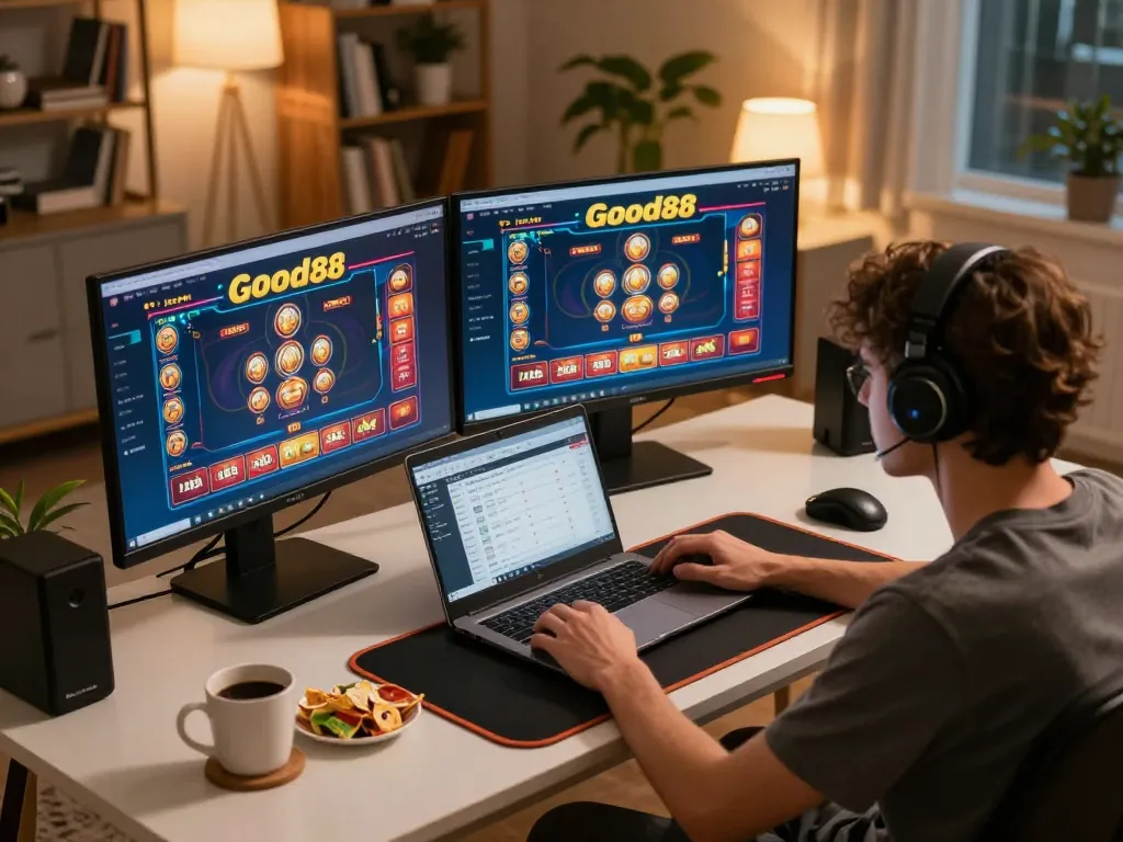 Player engaging with Good88 online casino platform from a modern home setup.