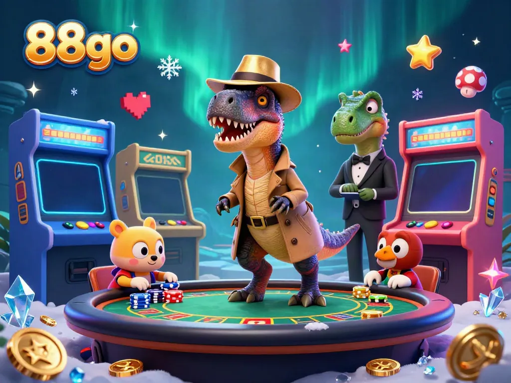 Experience thrilling gameplay at 88go with a velociraptor at the blackjack table amidst casino excitement.