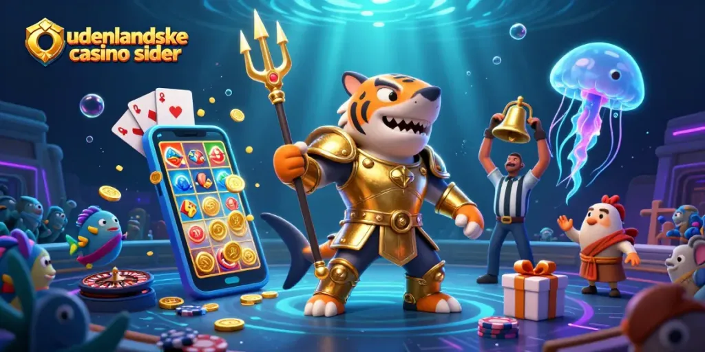 Engage with the vibrant underwater world of udenlandske casino sider, featuring a dynamic 3D shark gladiator surrounded by casino elements.