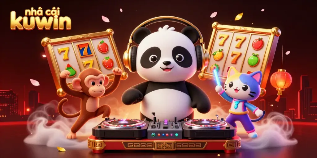 Exciting scene with a DJ panda and friends celebrating at nhà cái kuwin's vibrant casino with slot machines.
