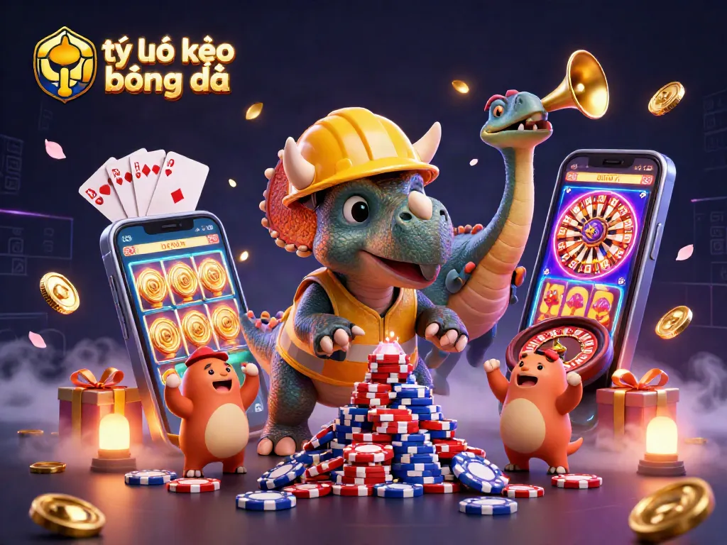 Experience thrilling tỷ lệ kèo bóng đá action with vibrant cartoon dinosaurs celebrating casino wins.