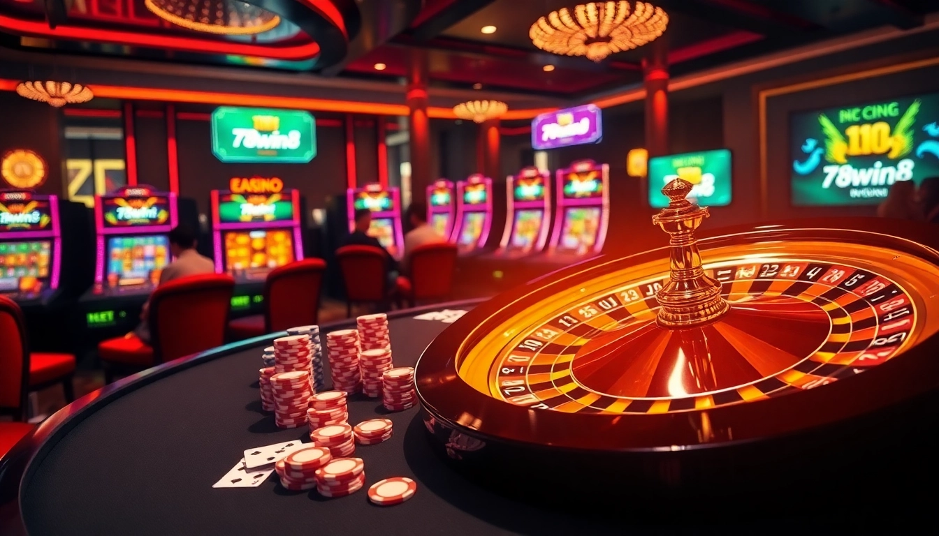 Exciting casino scene with poker chips and slots showcasing 78win8 gaming experience