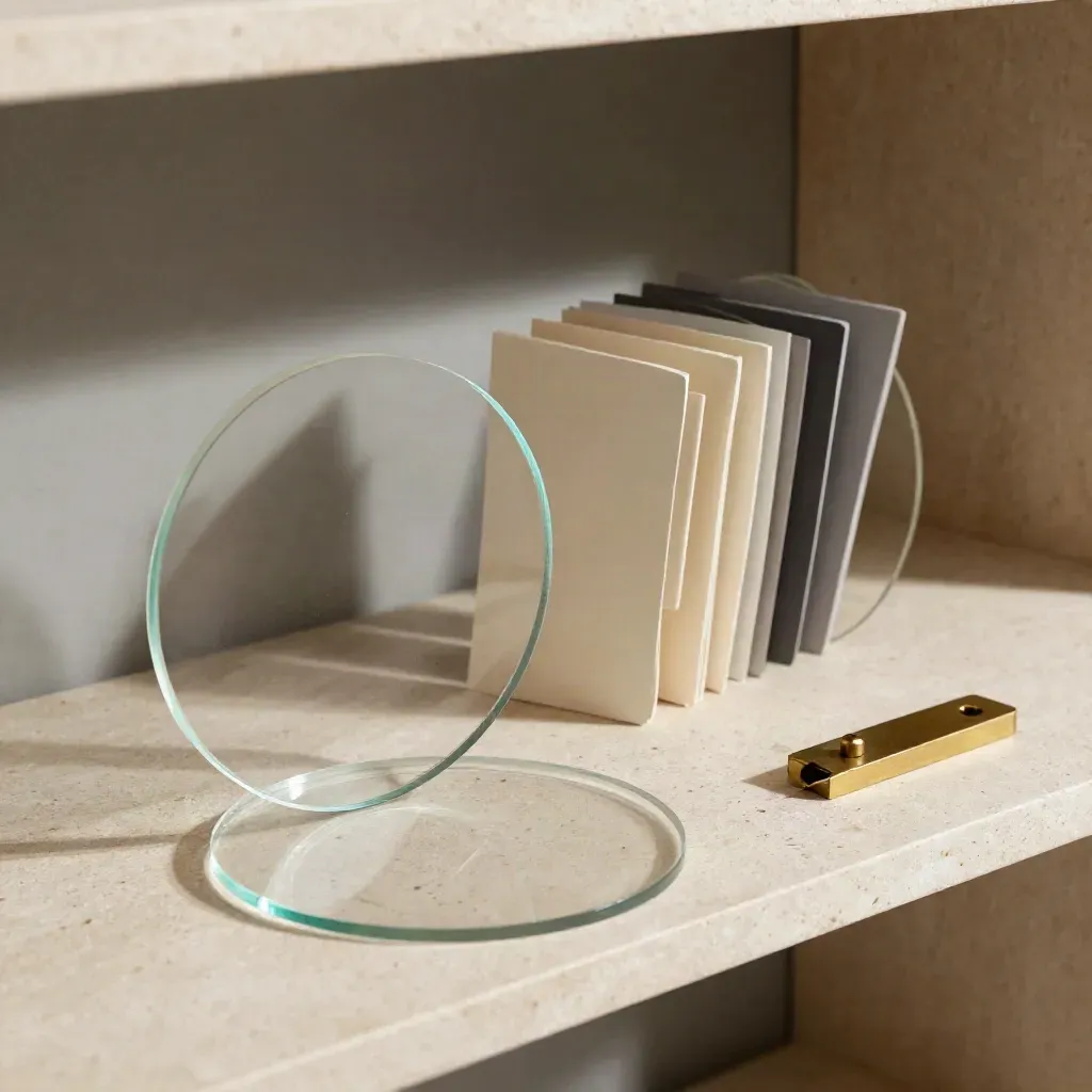 Logo direction materials on travertine: acrylic circles, swatch fan, and brass alignment tool in studio light.