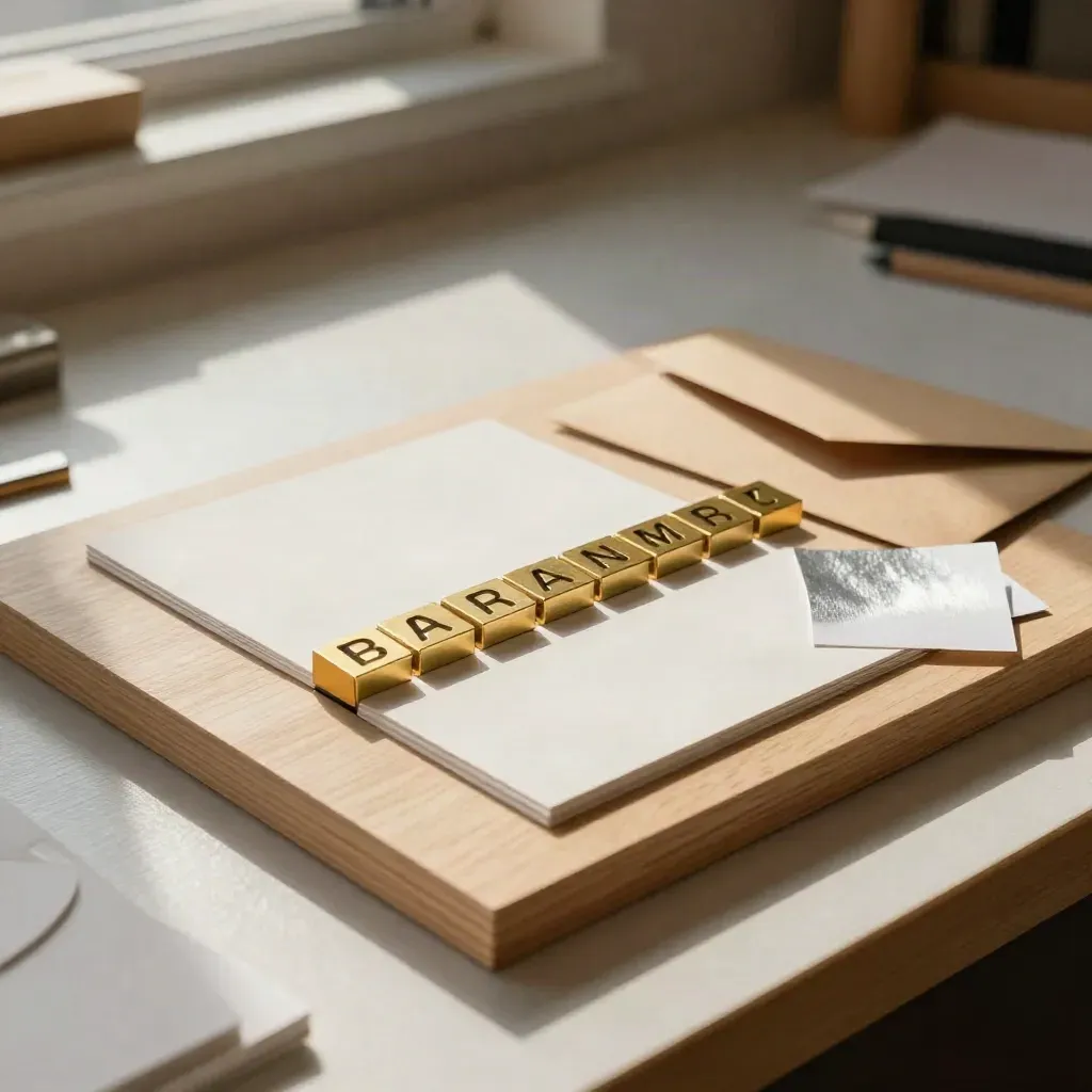Brass blocks align on blank cards beside a kraft envelope in a sunlit studio.