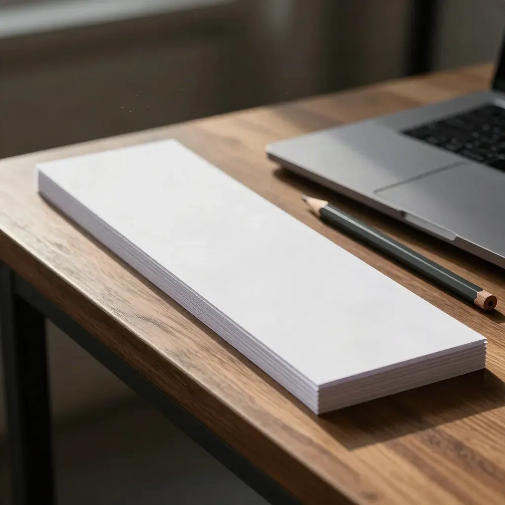 Blank website-copy cards, closed aluminum laptop, pencil and dividers on a walnut ledge.