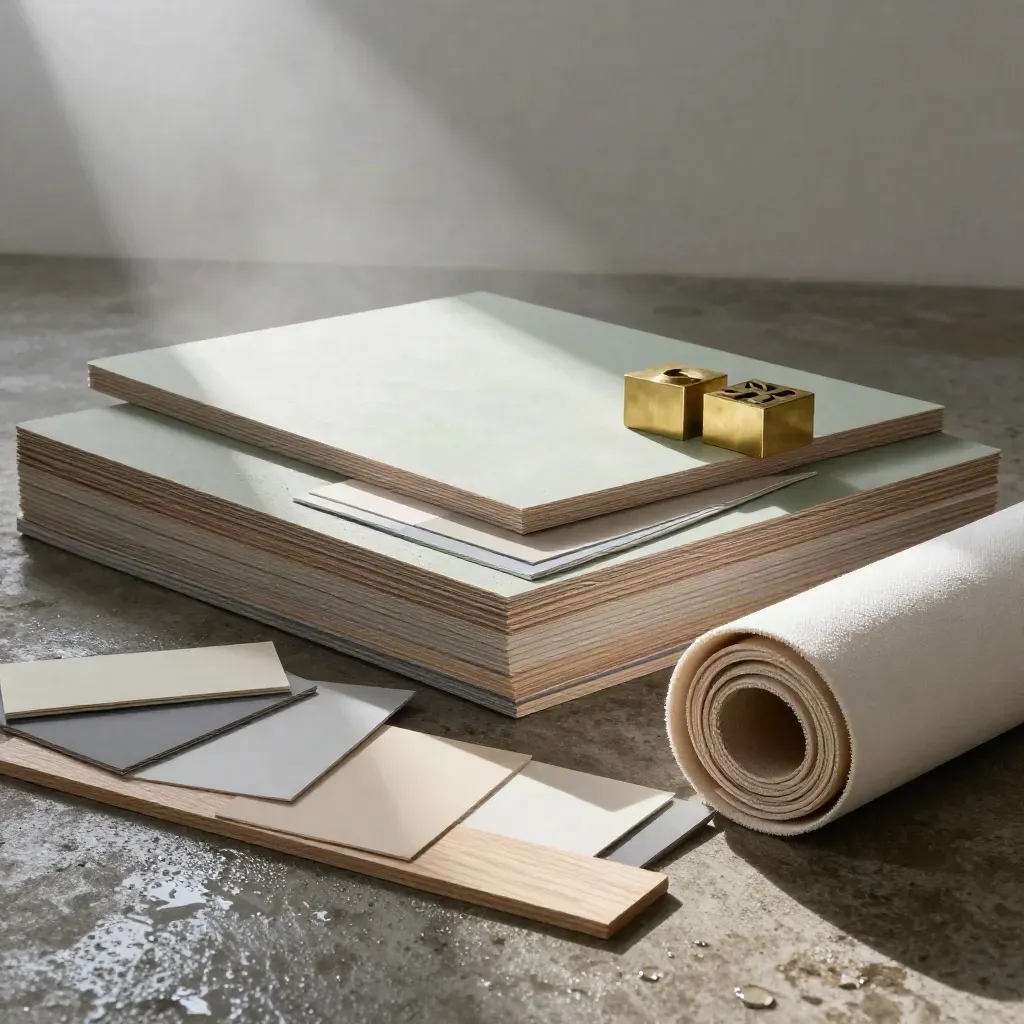 Rain-damp studio floor with brand boards, swatches, brass type blocks and a pitch case in mist.