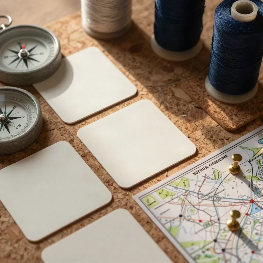 Overhead macro of workshop materials: blank chip cards, thread spools, cork mat, stone disc