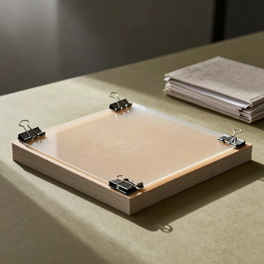 Pitch-deck boards, acetate overlays, binder clips, and a linen case on a khaki surface.