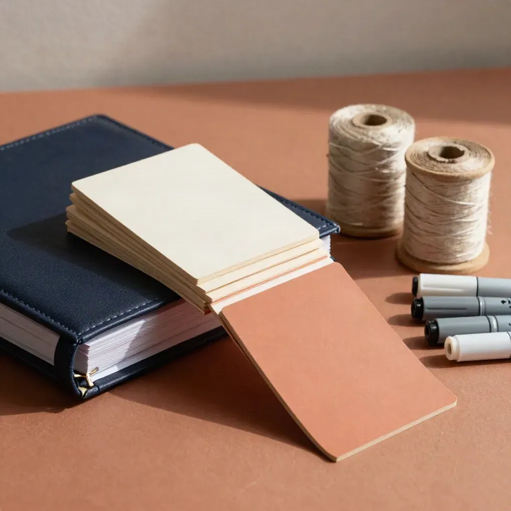 Top-down content planning still life with topic tiles, navy planner, thread spools, and clipped markers.
