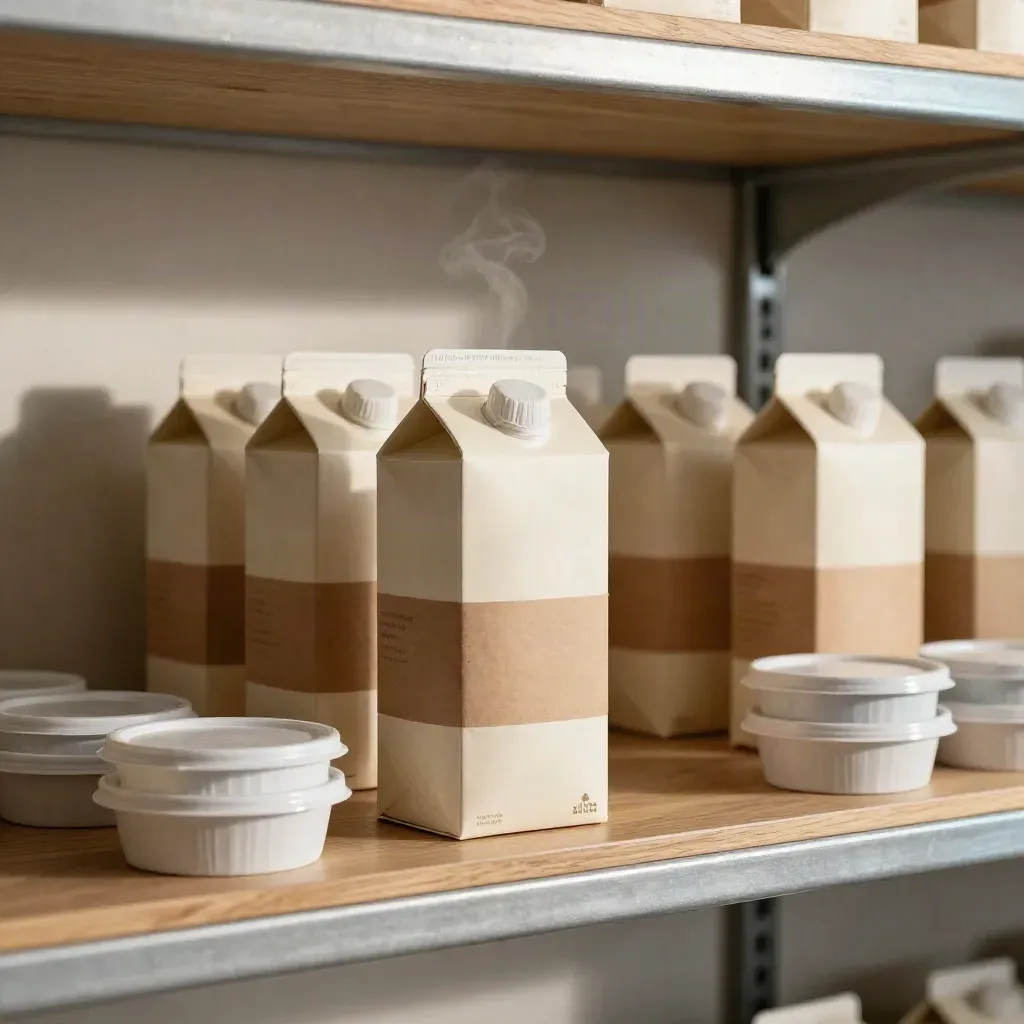 Meal cartons, tote box, and sample tray on a prep shelf in warm window light