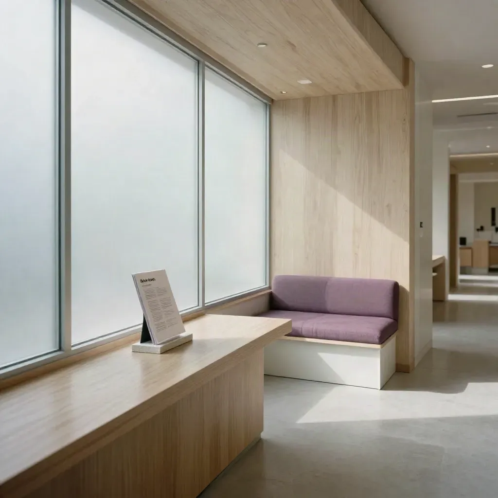 Calm clinic reception nook with pale timber, frosted glass, violet accent, and a turned-away brochure block.