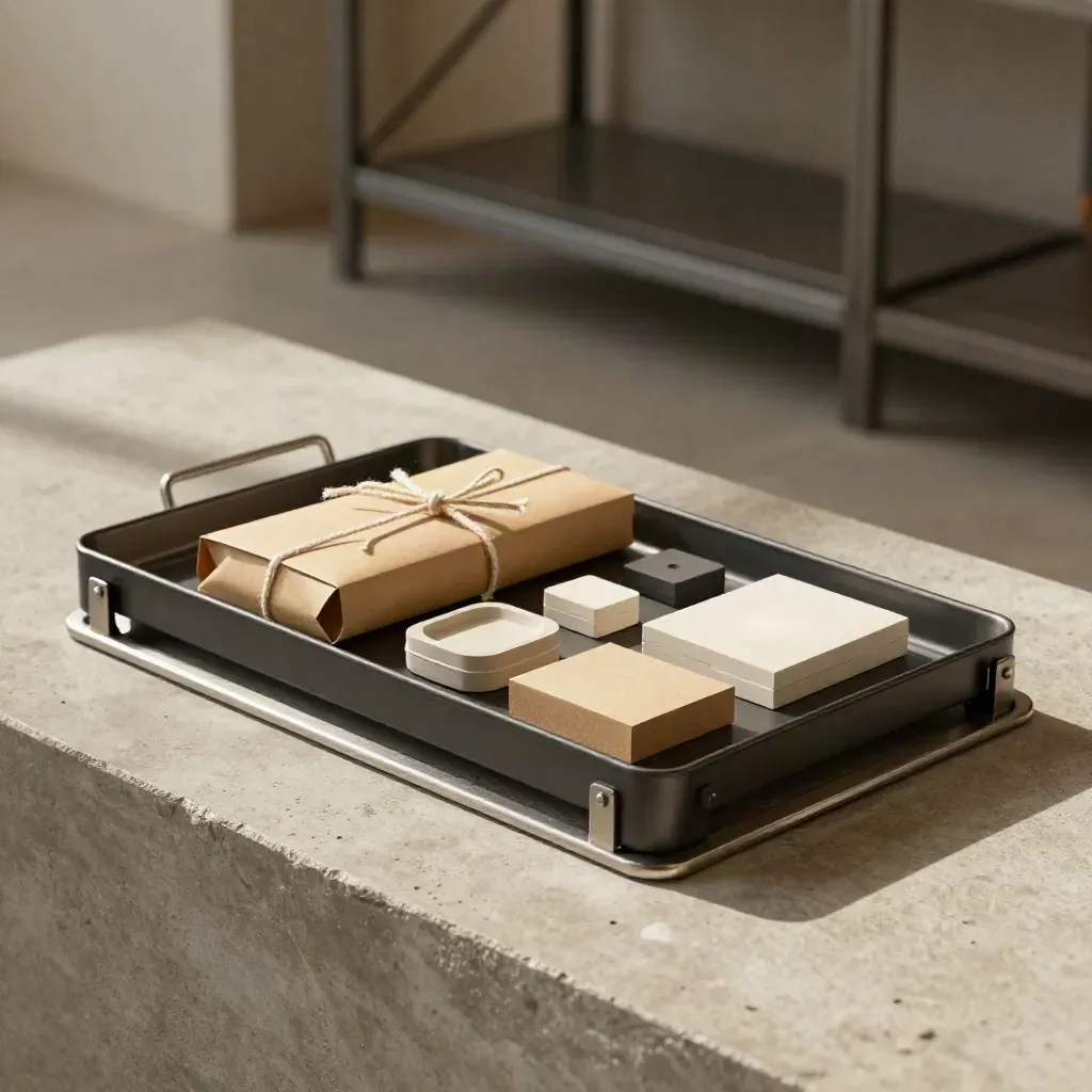 Nested launch kit on metal shelving with wrapped materials and sample trays in warm light.