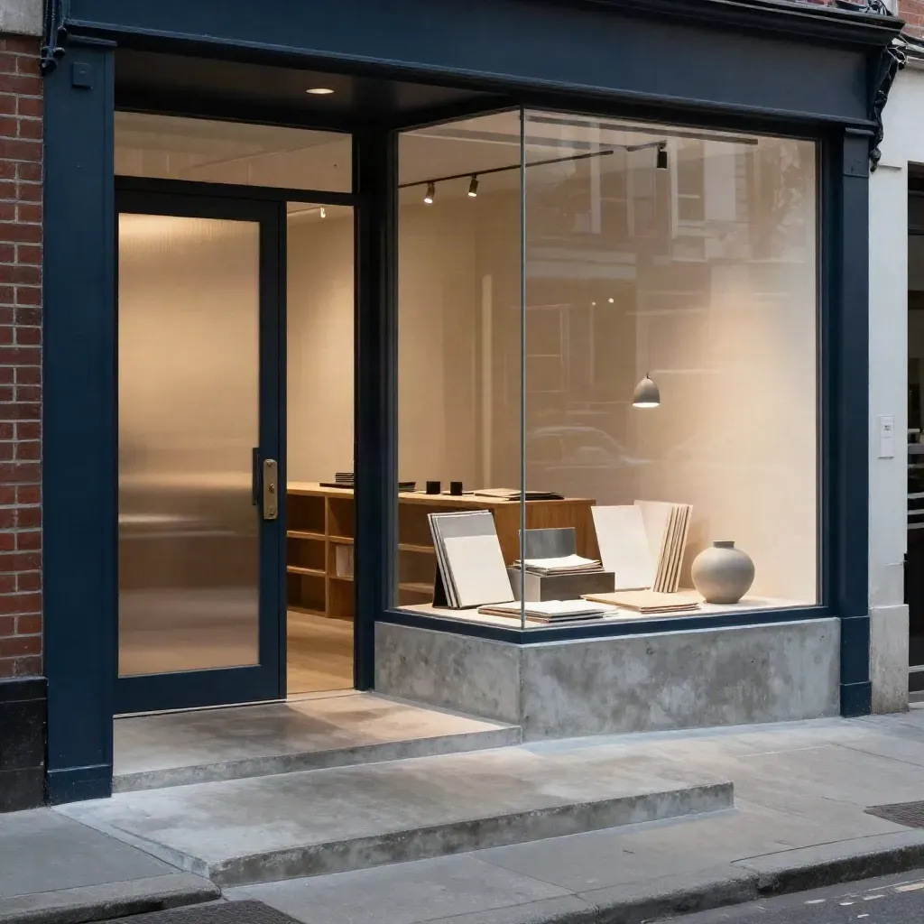 Empty storefront corner with sample box, frosted glass, and late-day light in haze.