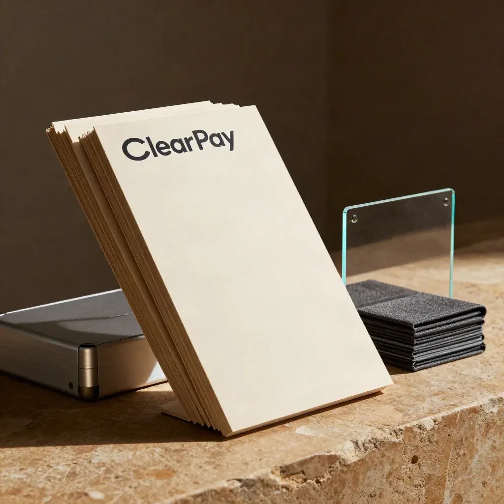 Macro of investor-ready pitch boards and prototype case mid-arrival on a stone surface.