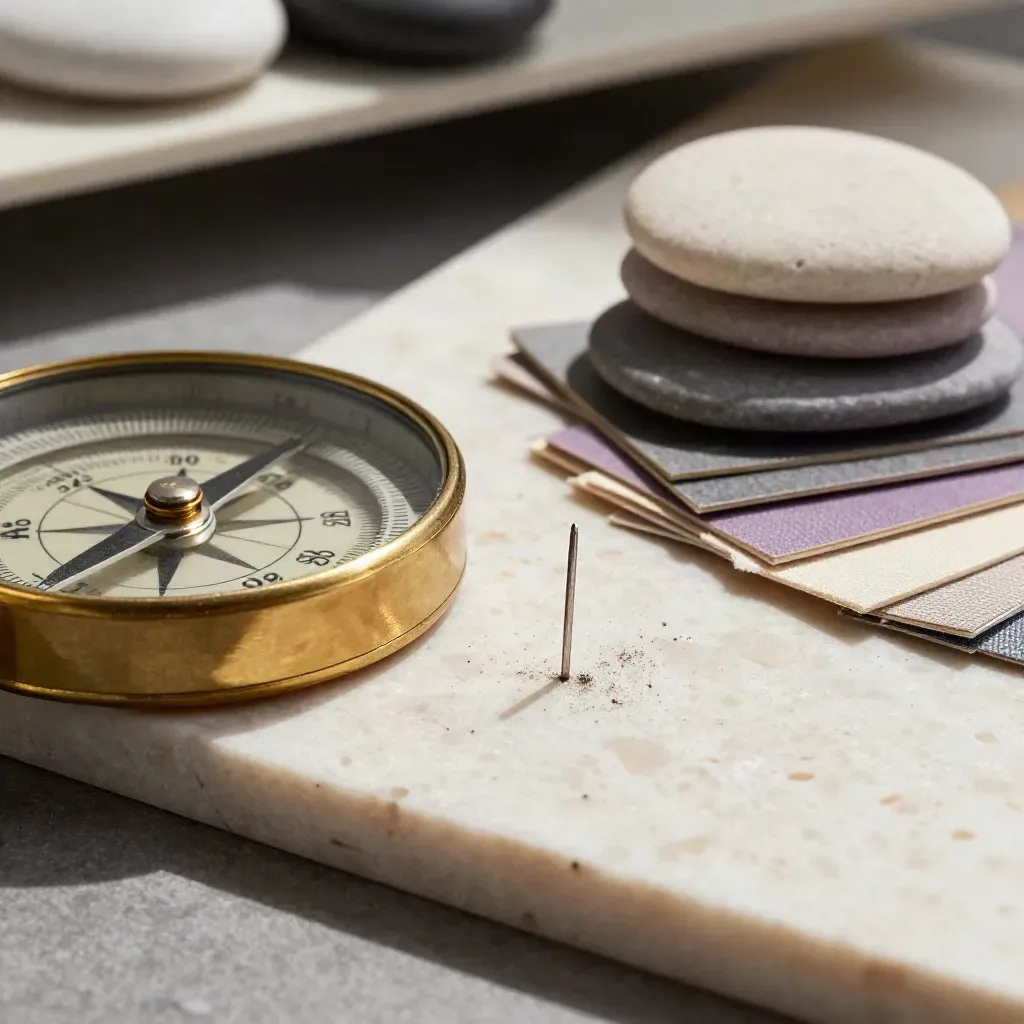 Macro still life of brass compass, swatch chips, mood stones and alignment pin on travertine.