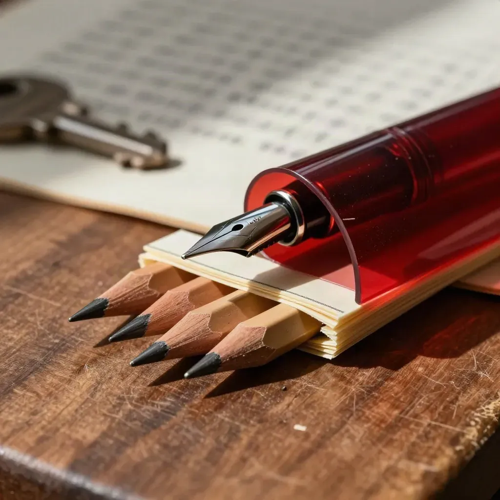 Copy-editing tools on a walnut bench: nib, pencil stubs, proof strips, and red acetate.