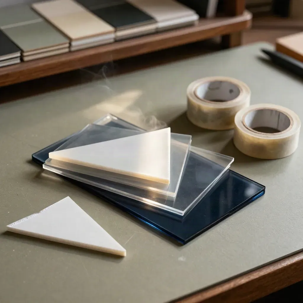 Macro still life of acrylic chips, layout triangles, tape rolls and cutting mat textures