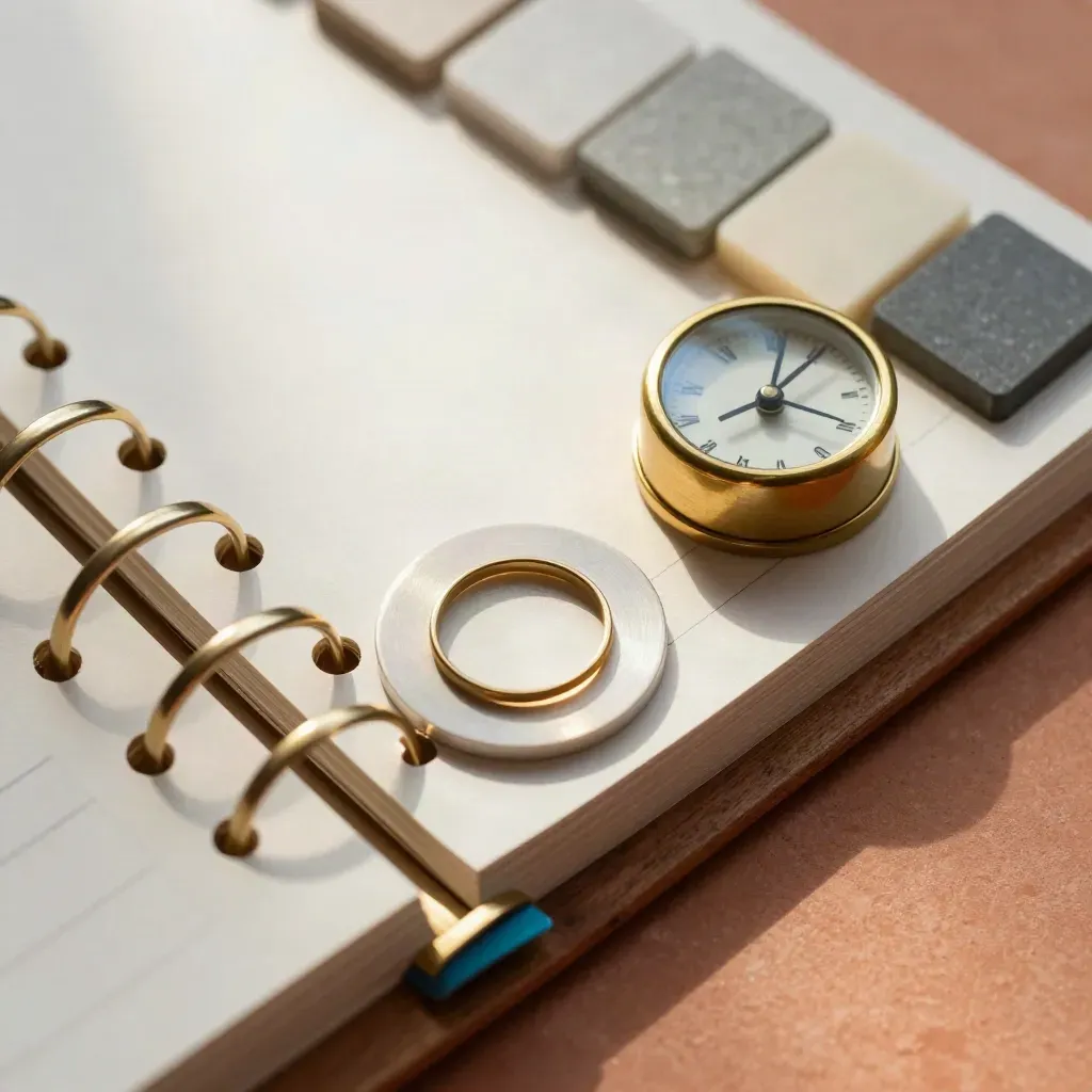Overhead still life of brass planning tools and a clock on terracotta with a cyan accent.