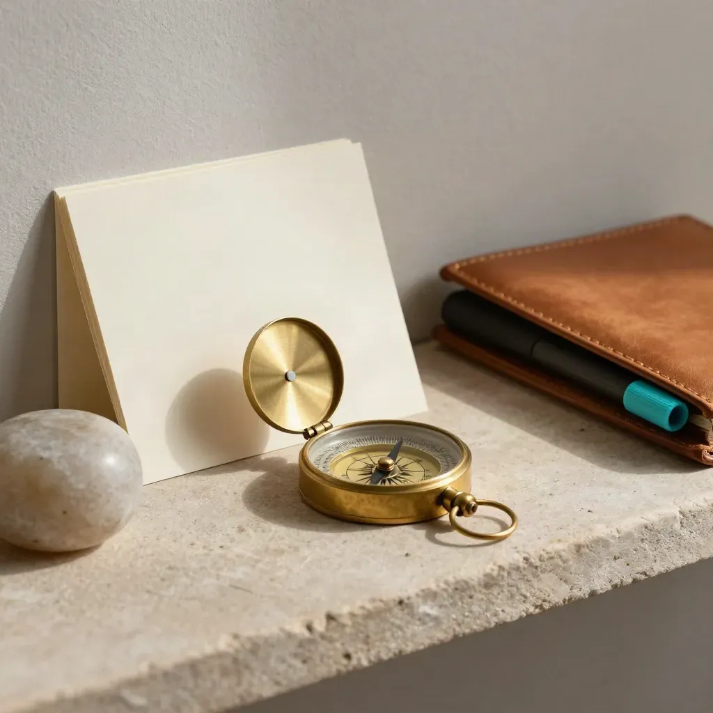 Brass compass, briefing cards, stone paperweight and leather folio on a stone shelf.