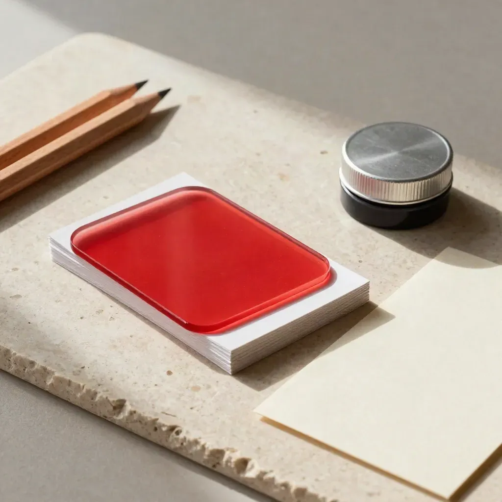 Overhead flatlay of pencils, red acetate, blank cards and a glue pot on pale limestone.