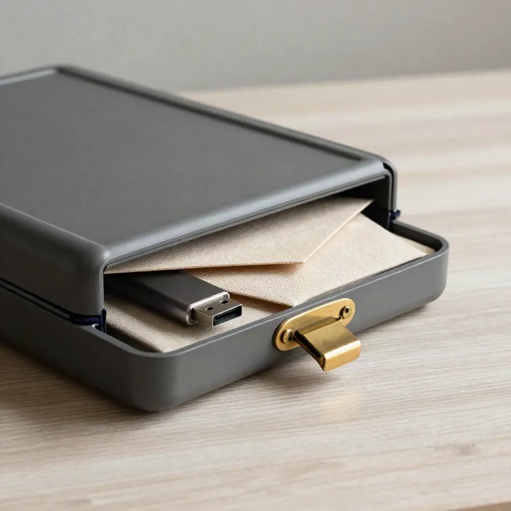 Archive case, USB drive, linen envelope and brass clip on pale wood in soft side light.