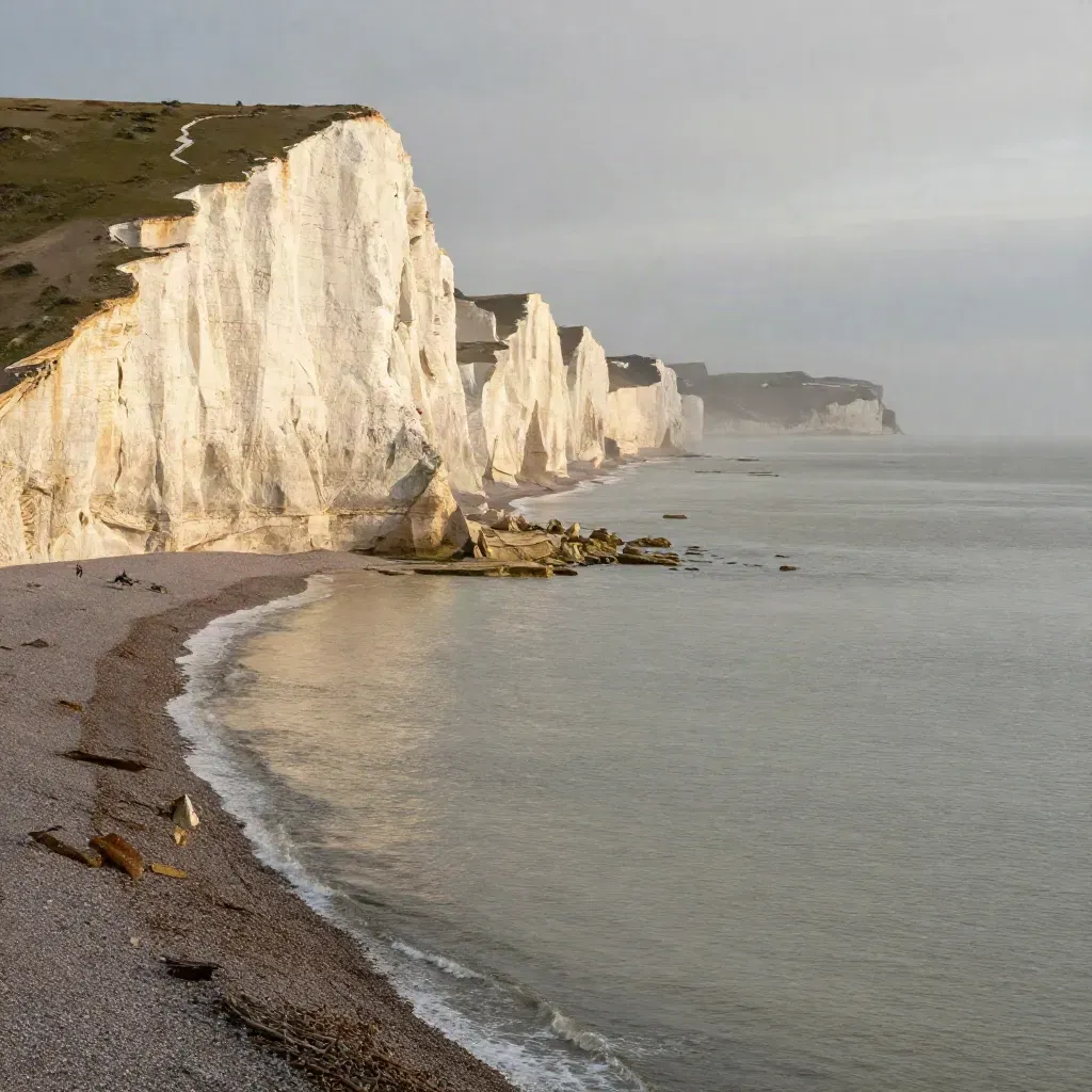 Golden-hour White Cliffs above a calm steel-grey sea with misty haze