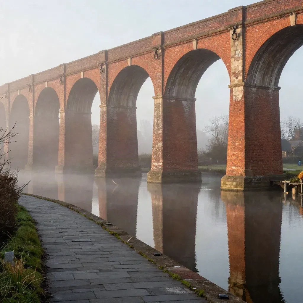 Red-brick viaduct over a misty canal basin at dawn, warm light on reflections.