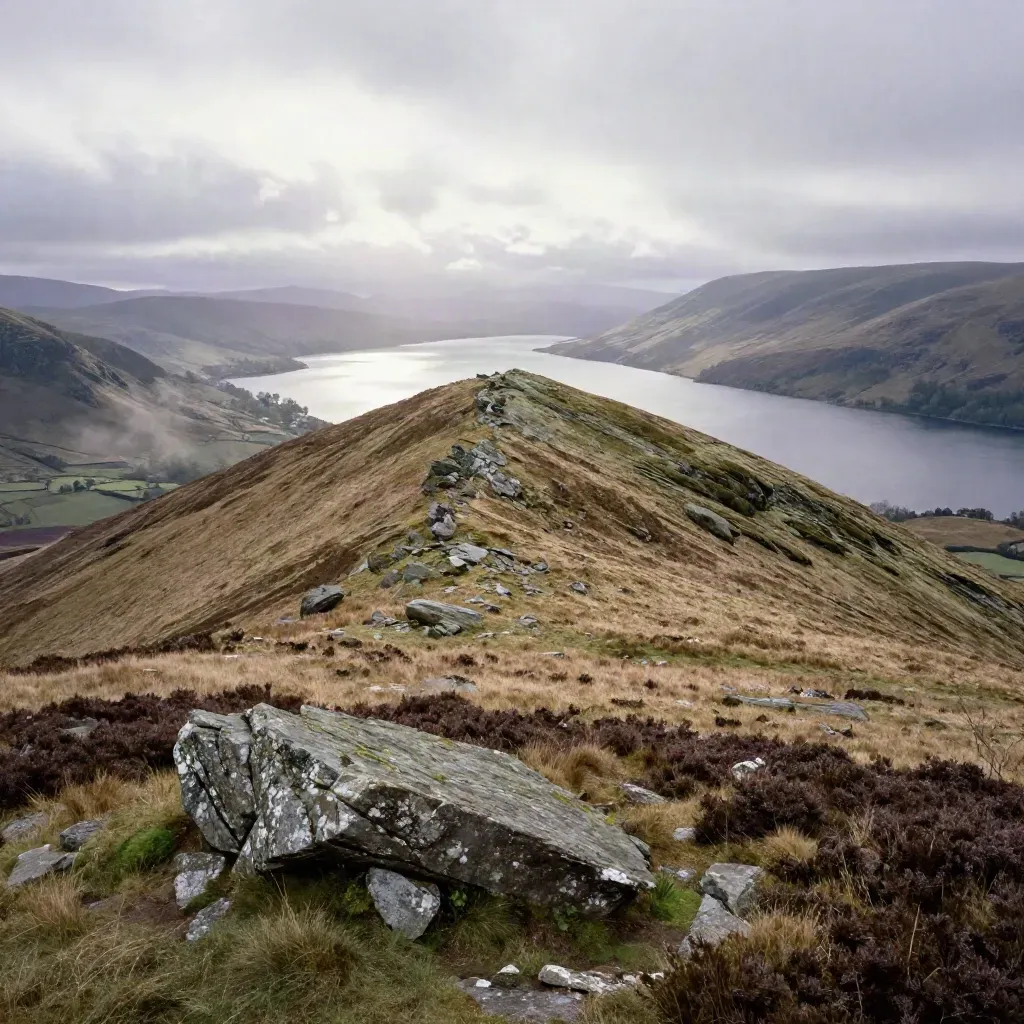 Lake District ridge above a tarn with haze, moorland, and bright broken cloud light.