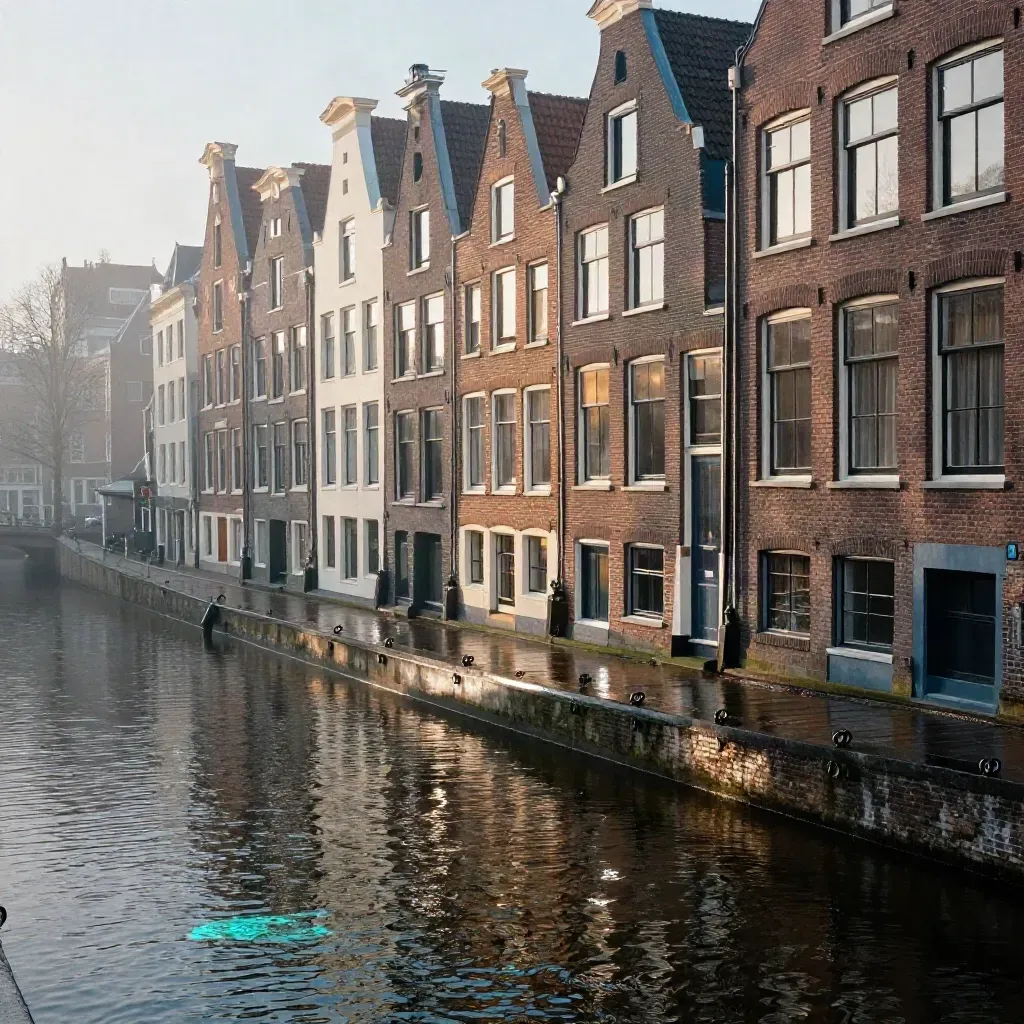 Amsterdam canal gables above wet cobbles and glossy water at blue hour