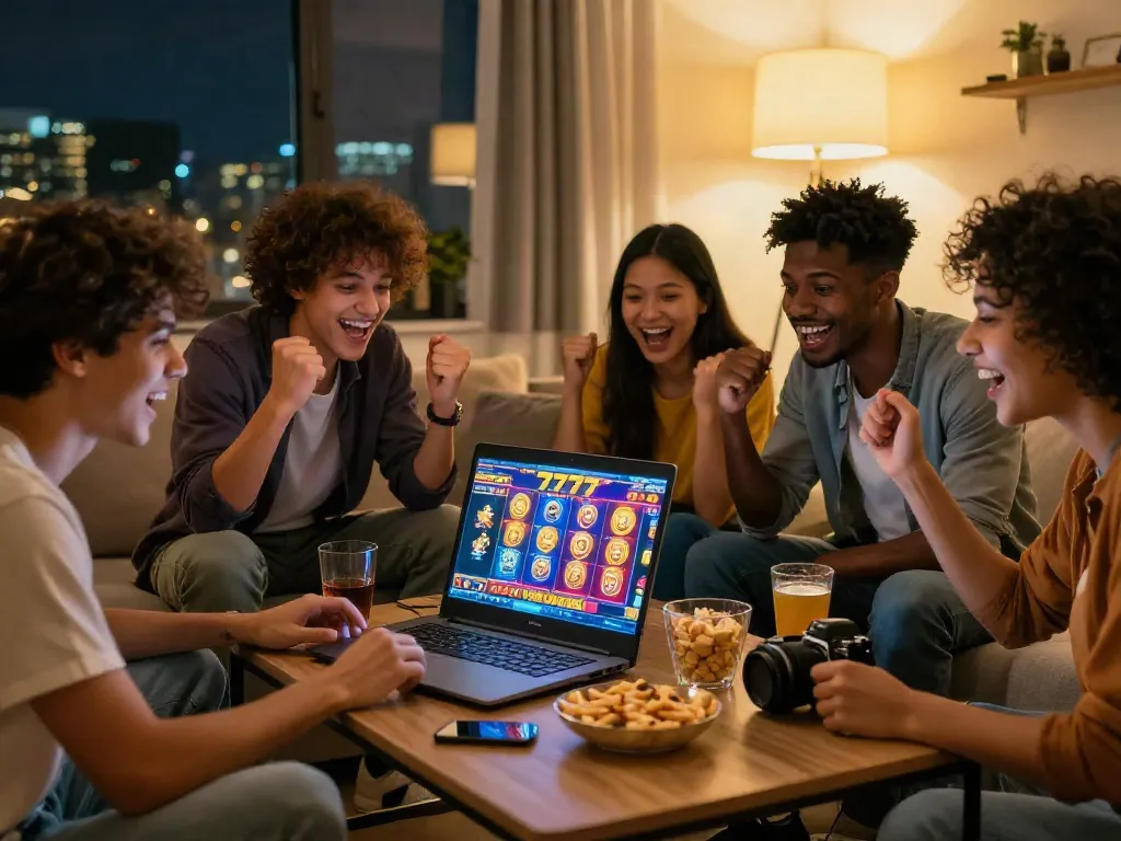 Friends celebrating while playing slot777 games online in a cozy living room.