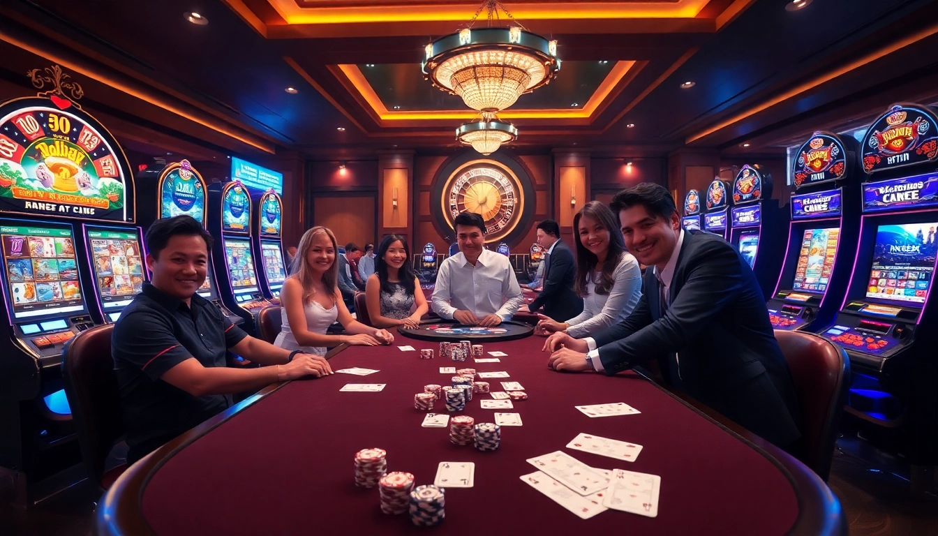 Engaging gamblers enjoying various games at NK88's luxurious casino environment.