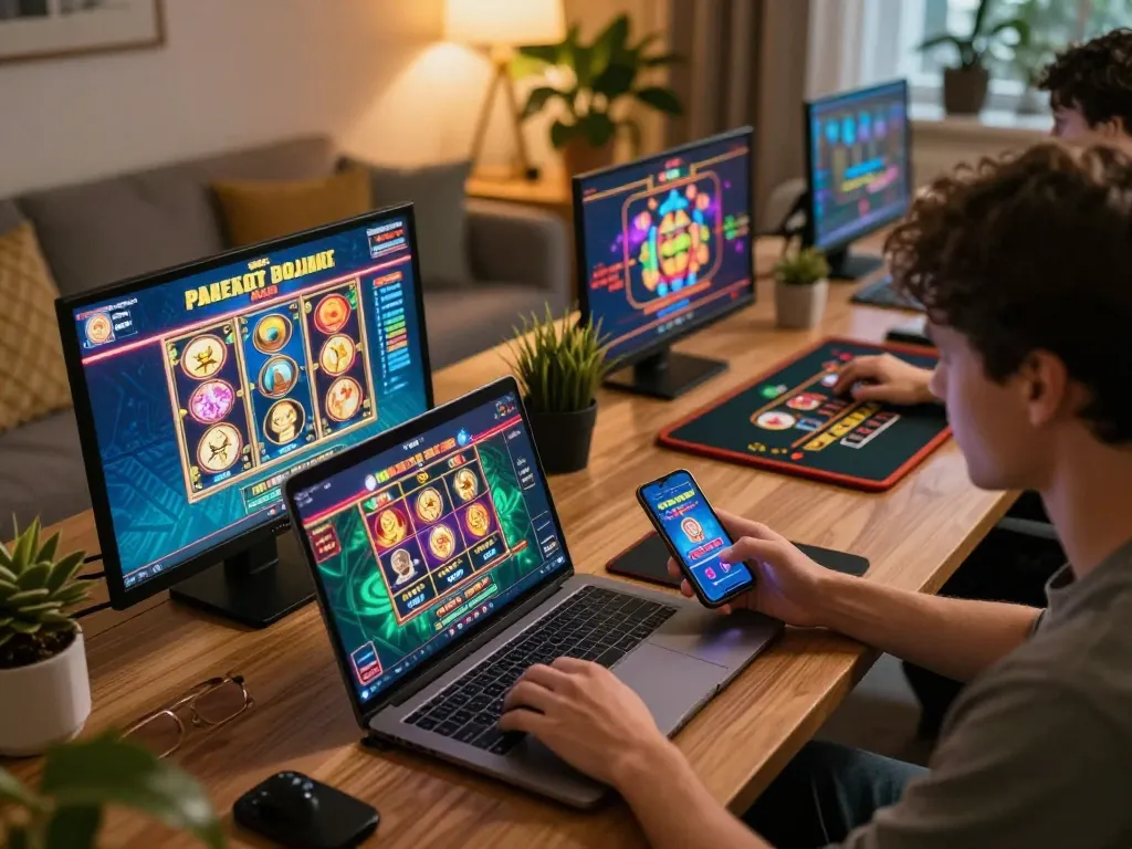 Engaging in online gaming at 56WIN trang chủ with multiple screens showcasing lively casino games.