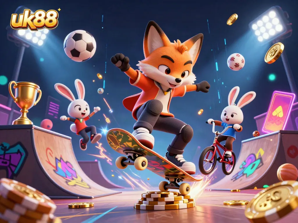 Engage with uk88's exciting 3D cartoon illustration showcasing animated fox and rabbit in a vibrant casino-themed setting.