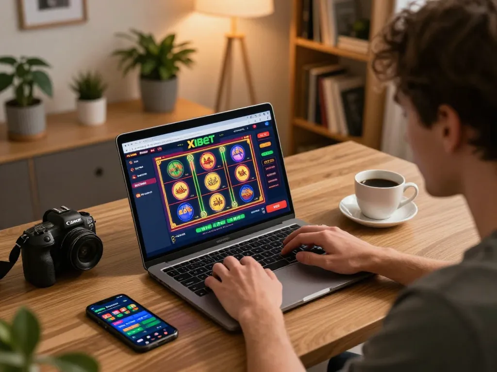 Xibet user engaging with online casino gameplay on laptop, showcasing interactive gaming atmosphere.