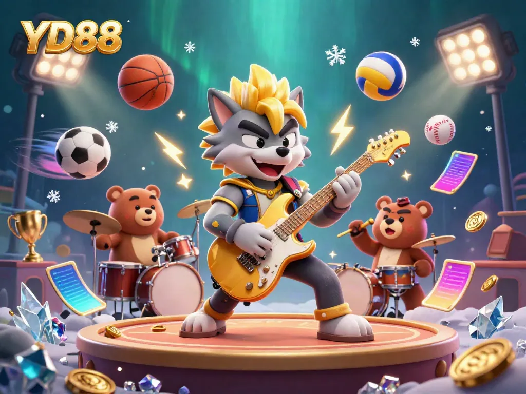 Experience YD88 with a vibrant illustration of a rock star wolf and drummer bear in a lively casino atmosphere.