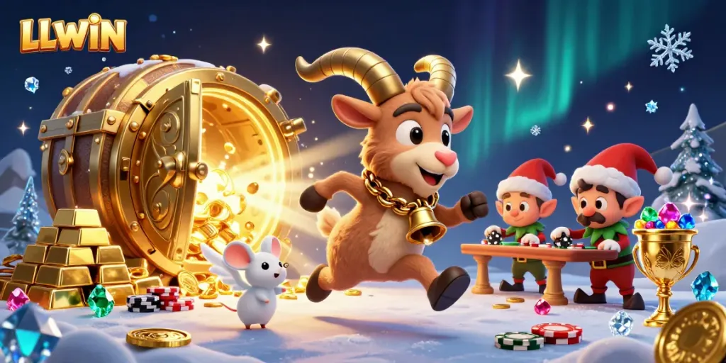LLWIN showcases a festive casino scene with characters in a dynamic holiday atmosphere.