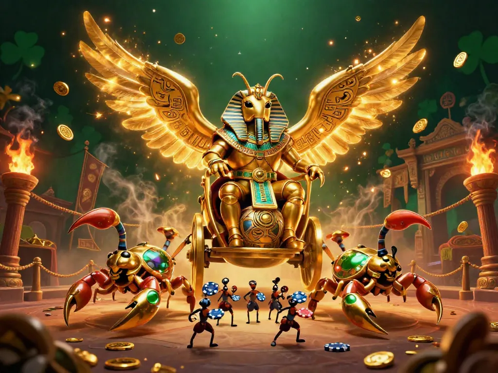 Experience thrilling adventures with the xoso66 golden scarab beetle in a vibrant, 3D casino illustration.