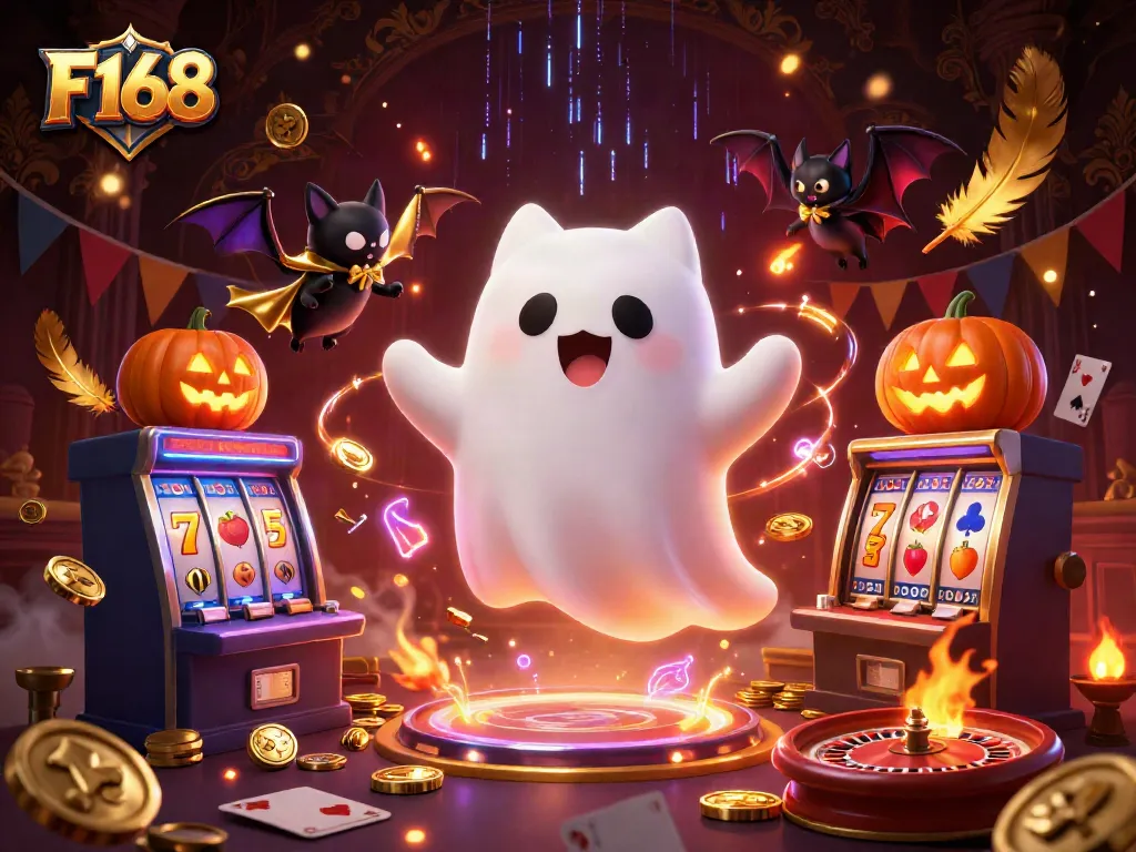 Play exciting games at F168's haunted casino with a ghost cat and vampire bat.