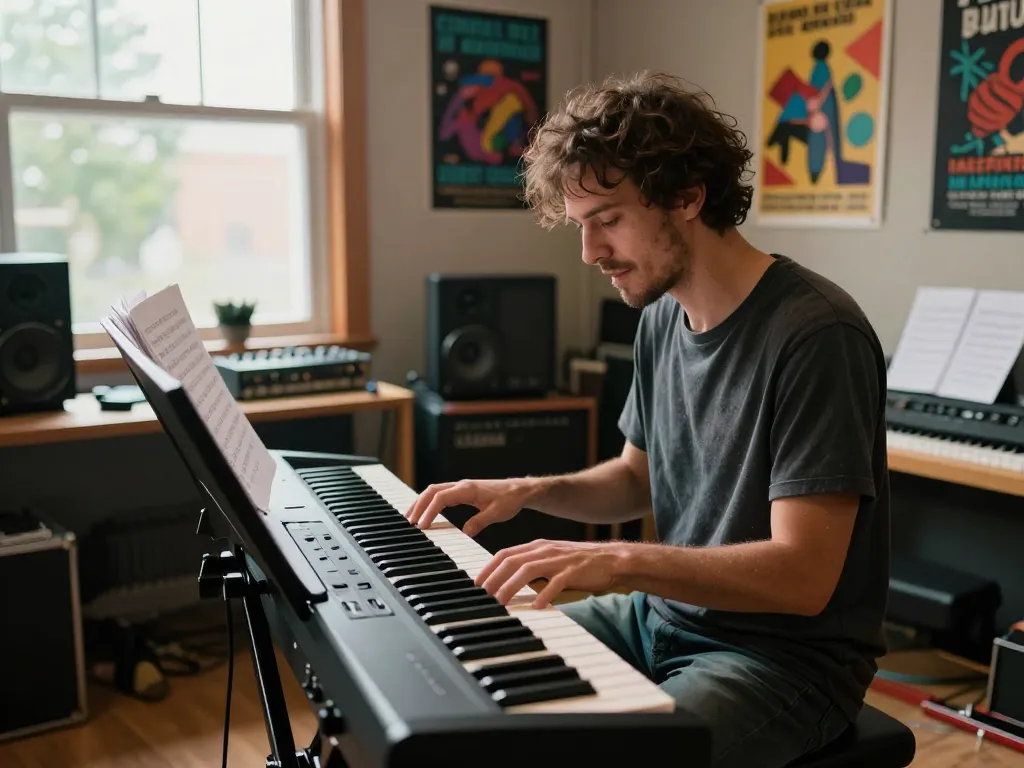 Musician playing the go 88 keyboard in a vibrant studio, inspiring creativity and expression.