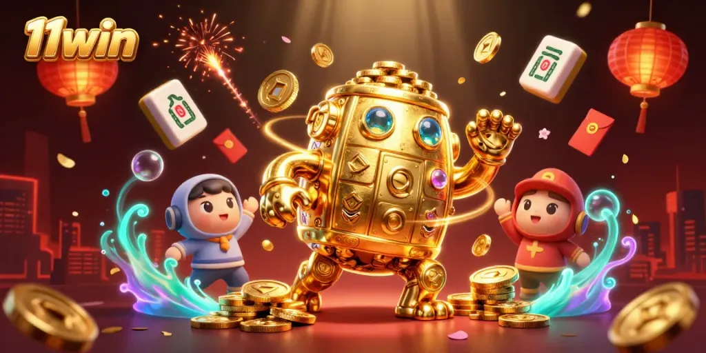 Engage with 11win's thrilling gaming scene featuring a golden golem amidst vibrant casino elements.